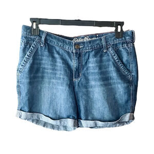 Eddie Bauer women’s flat front Boyfriend Fit denim Jean shorts SZ 10 medium wash